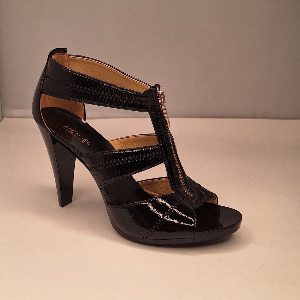 Michael Kors Black Patent Leather T-Strap Cage Heels Front Zip Stiletto Sandals